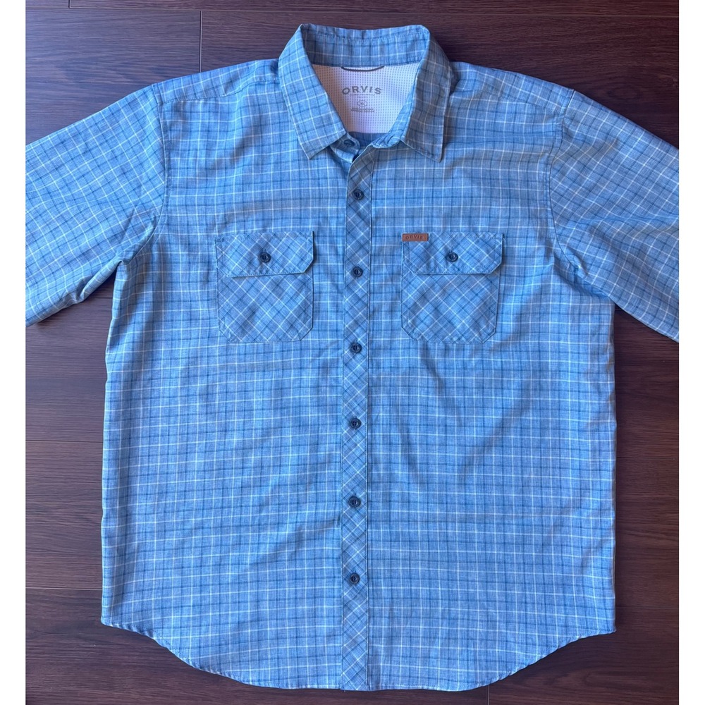 Orvis Mens XL Blue Plaid Short Sleeve Button Down Shirt Mesh Lined Hiking Top